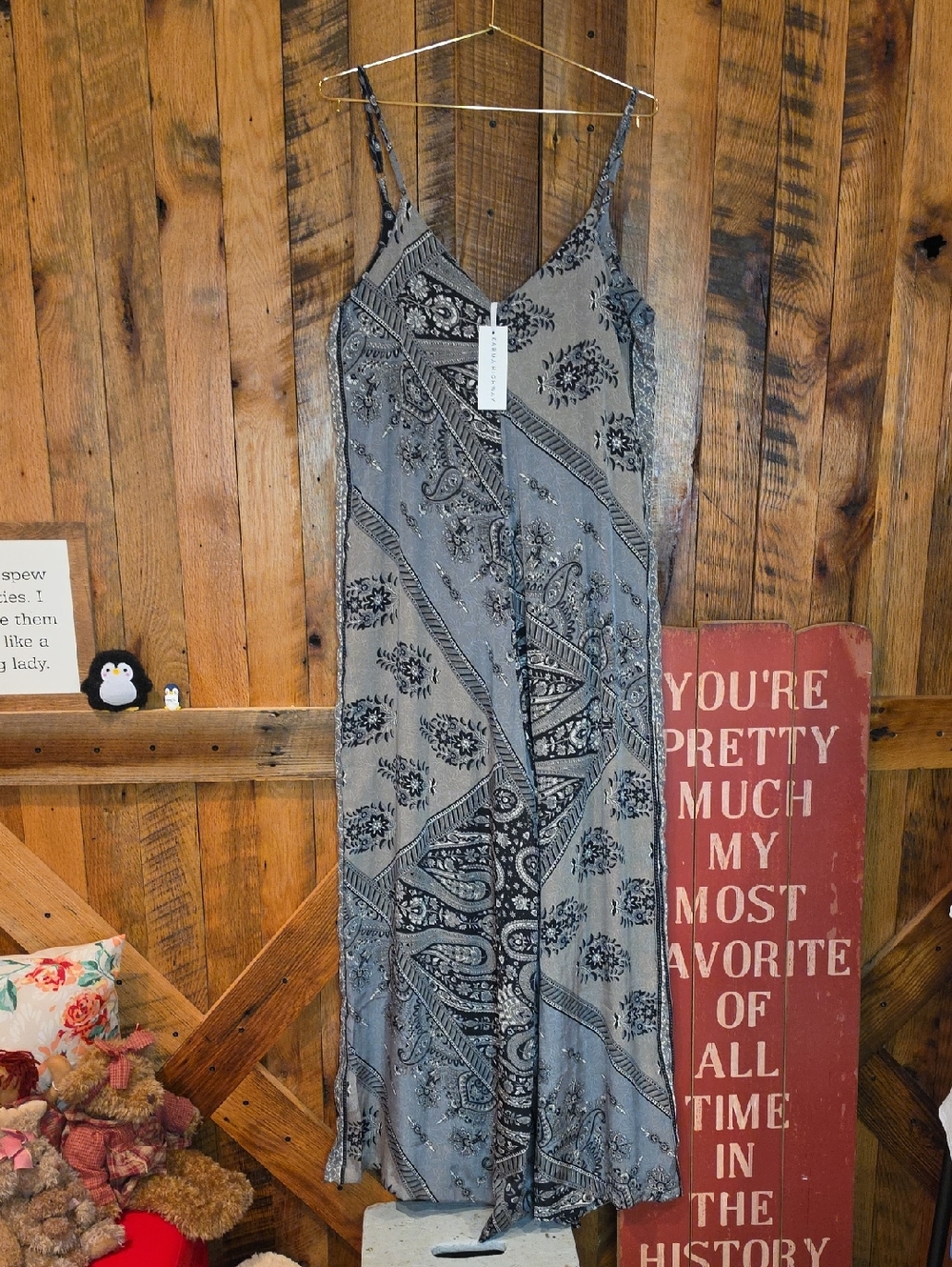 058p Karma Highway Gray Paisley Wide-Leg Jumpsuit